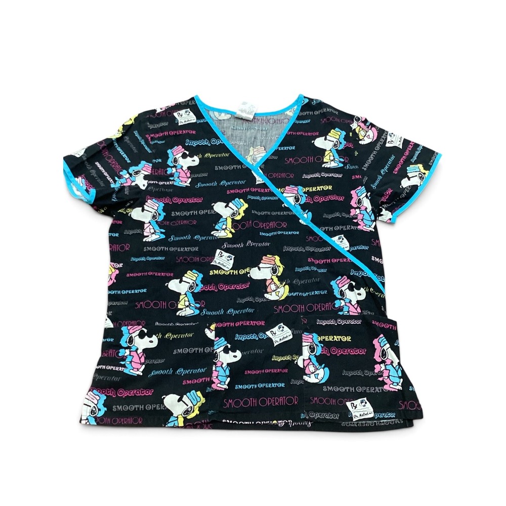 Peanuts Snoopy Joe Cool Smooth Operator Scrub Top Black Blue Mock Wrap Medium